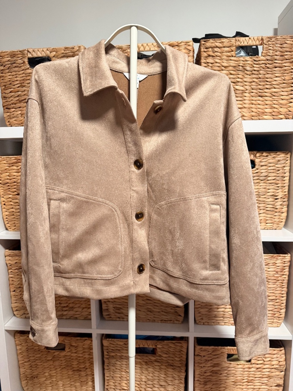 Faux Suede Shirt Jacket with Pockets Turn down collar Size L